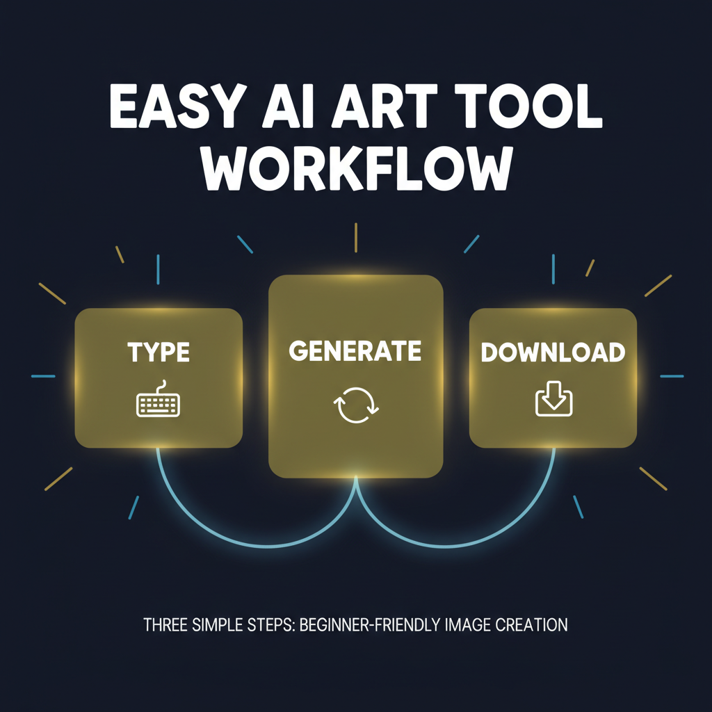 Easy AI art tool workflow — three simple steps shown as glowing yellow cards labeled Type, Generate, Download, beginner-friendly AI image creation process visualization, ultra-clean modern UI illustration