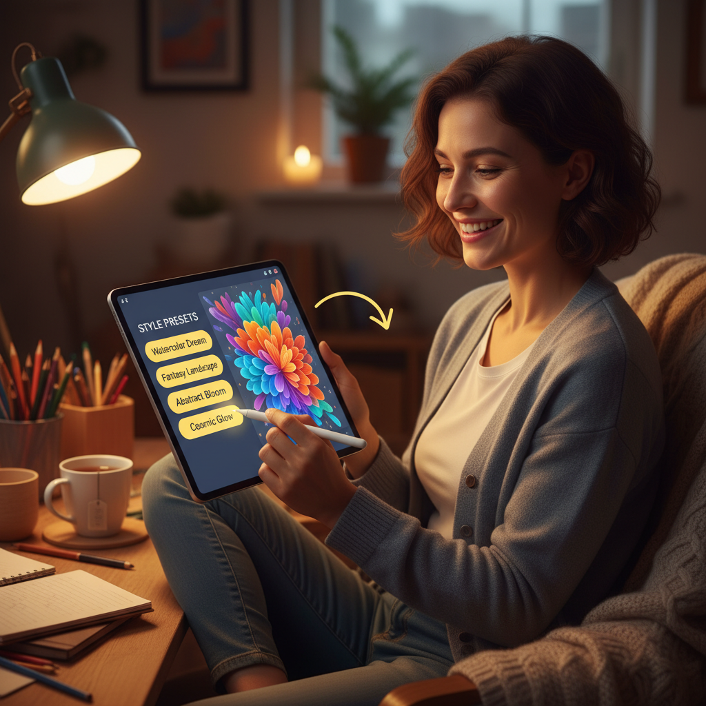 Beginner AI graphics tool in action — happy hobbyist creating their first colorful AI artwork on a tablet, simple drag-and-drop style preset selector, comfortable workspace with warm lighting, accessible AI art creation