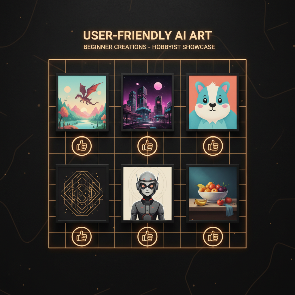 User-friendly AI image generator gallery — six diverse beginner-created AI artworks displayed in a clean grid layout, each with a smiling thumbs-up badge, hobbyist portfolio showcase, dark background with amber accents