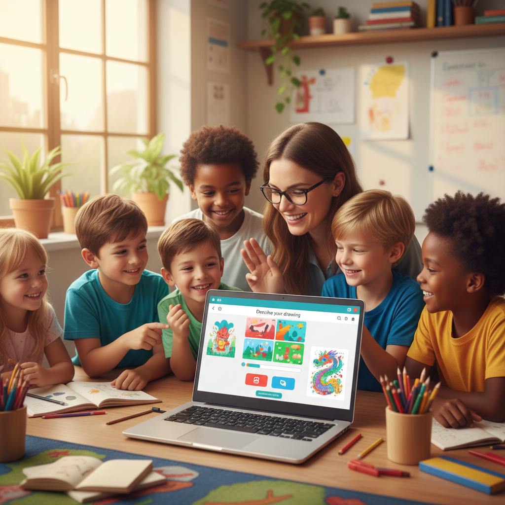 Educator using a beginner AI graphics tool in classroom — teacher and students gathered around laptop generating colorful illustrations together, easy AI art interface visible on screen, warm welcoming educational scene