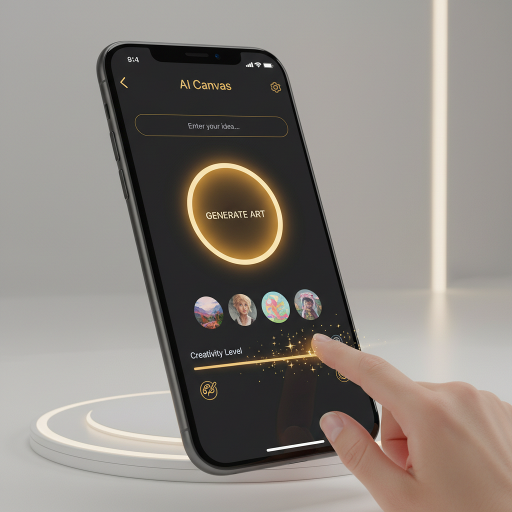 User-friendly AI image generator mobile app — iPhone showing simple AI art creation interface with big tap-to-generate button, beginner sliding finger across screen with magical sparkle effects, clean approachable mobile UI