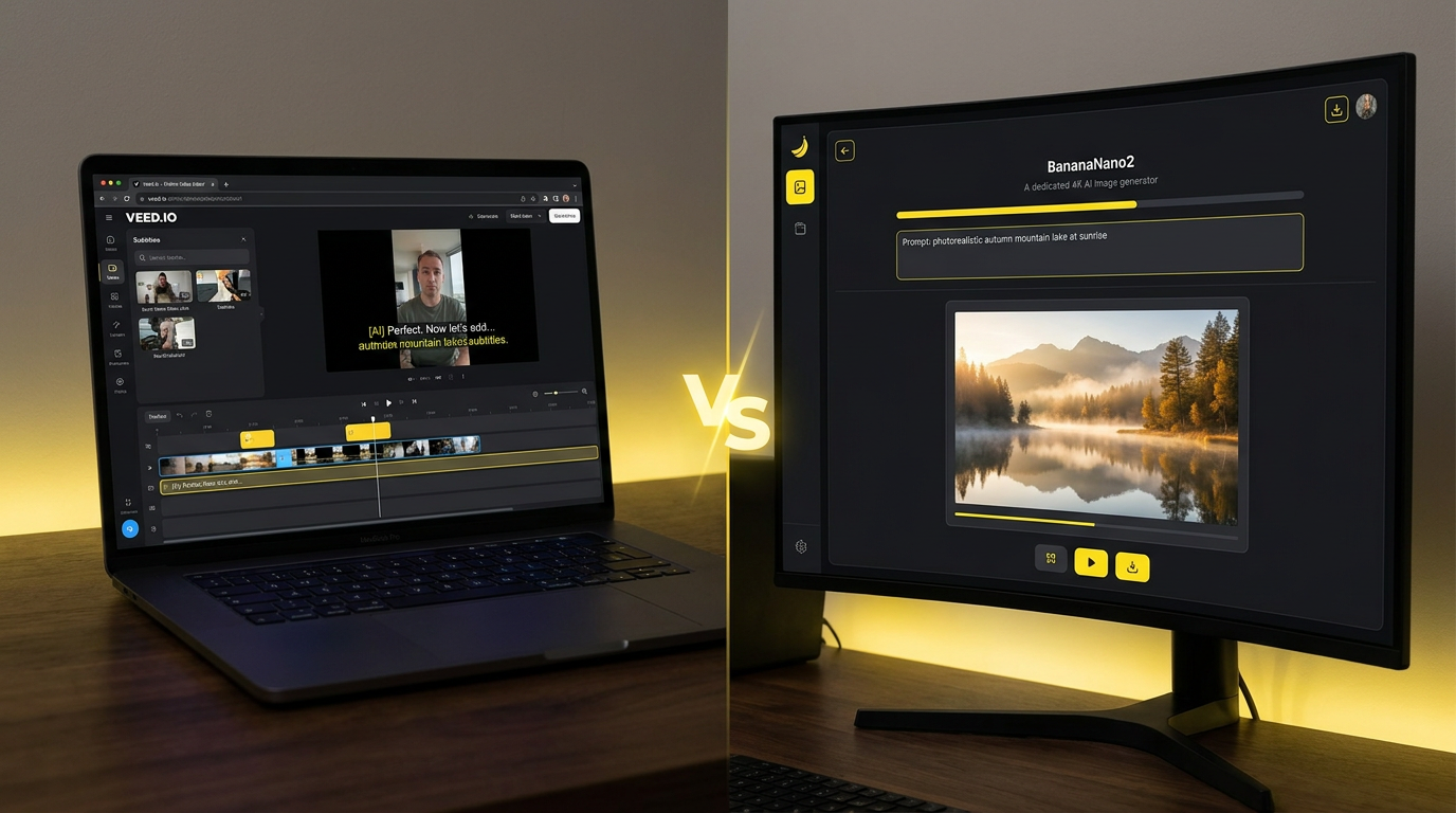 Veed.io vs BananaNano2 split-screen hero — left side an online AI video editor timeline with subtitles and clips on a laptop, right side a dedicated 4K AI image generator rendering a photorealistic landscape from a text prompt, dark theme yellow accents