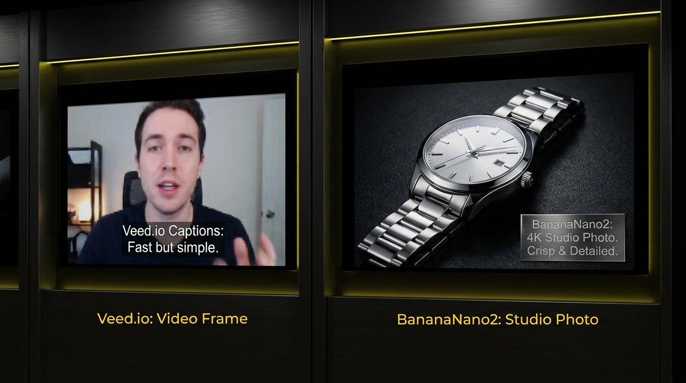 Veed.io vs BananaNano2 image quality comparison — left panel a video frame with overlaid captions, right panel a crisp 4K photorealistic studio product photo of a wristwatch with a readable text label, gallery framing dark theme