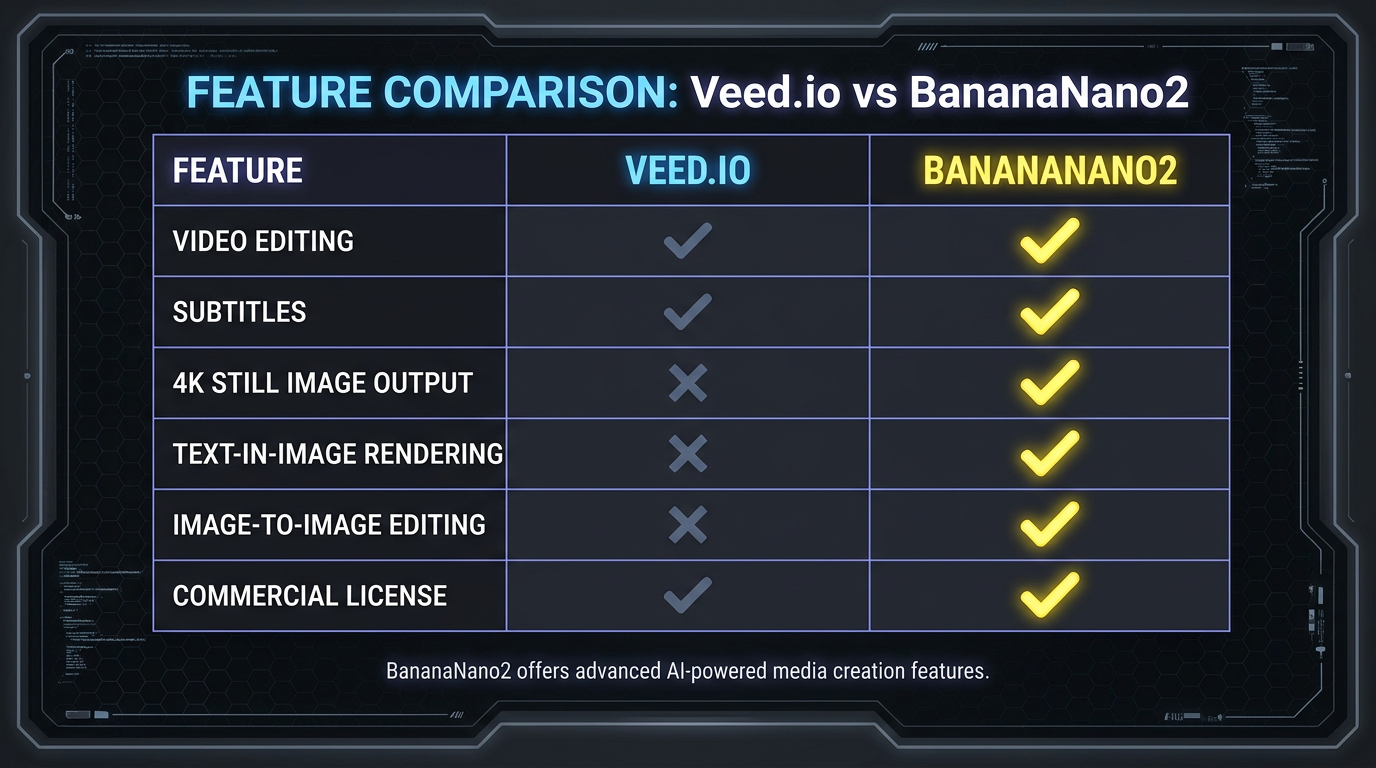 Veed.io vs BananaNano2 feature comparison infographic — dark UI table listing video editing, subtitles, 4K still image output, text rendering, and image-to-image editing with yellow checkmarks on the BananaNano2 column