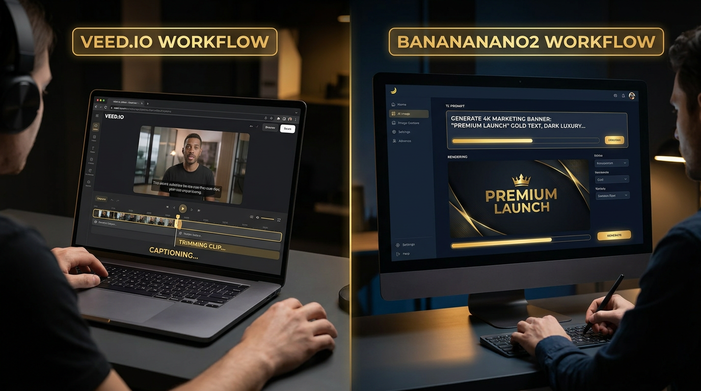 Veed.io vs BananaNano2 workflow comparison — left side a creator trimming and captioning a video clip in a browser editor, right side a designer typing a prompt into a professional AI image generator producing a 4K marketing banner