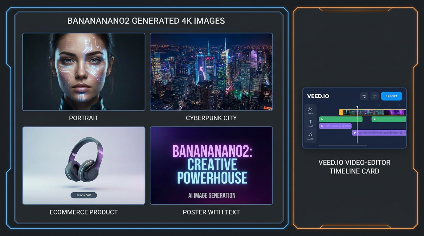 Veed.io vs BananaNano2 use-case showcase — a grid of BananaNano2 generated 4K images including a portrait, a cyberpunk city, an ecommerce product shot, and a poster with readable text, next to a small video-editor timeline card