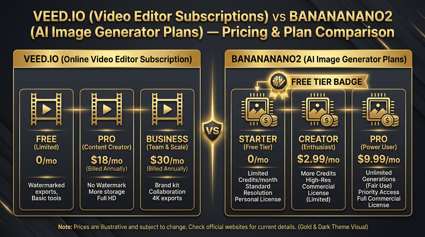Veed.io vs BananaNano2 pricing comparison infographic — an online video editor subscription on the left, BananaNano2 AI image generator plans from 2.99 dollars per month with a free tier badge on the right, gold and dark theme