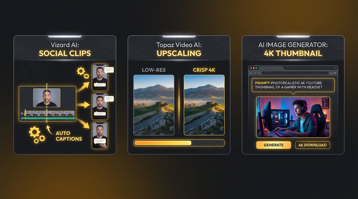Vizard AI vs Topaz Video AI three-way comparison hero — left Vizard AI turning a long video into short vertical captioned clips, center Topaz Video AI upscaling a blurry frame to crisp 4K, right a browser AI image generator producing a photorealistic 4K thumbnail from a text prompt, dark theme yellow accents