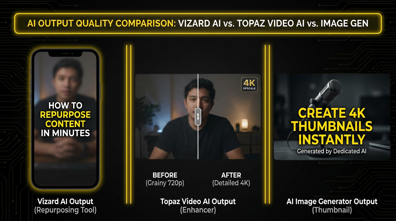 Vizard AI vs Topaz Video AI output quality comparison — a short vertical clip with burned-in captions, a before-and-after of a grainy frame sharpened to 4K by a video enhancer, and a photorealistic 4K thumbnail with bold readable text from a dedicated AI image generator, dark theme