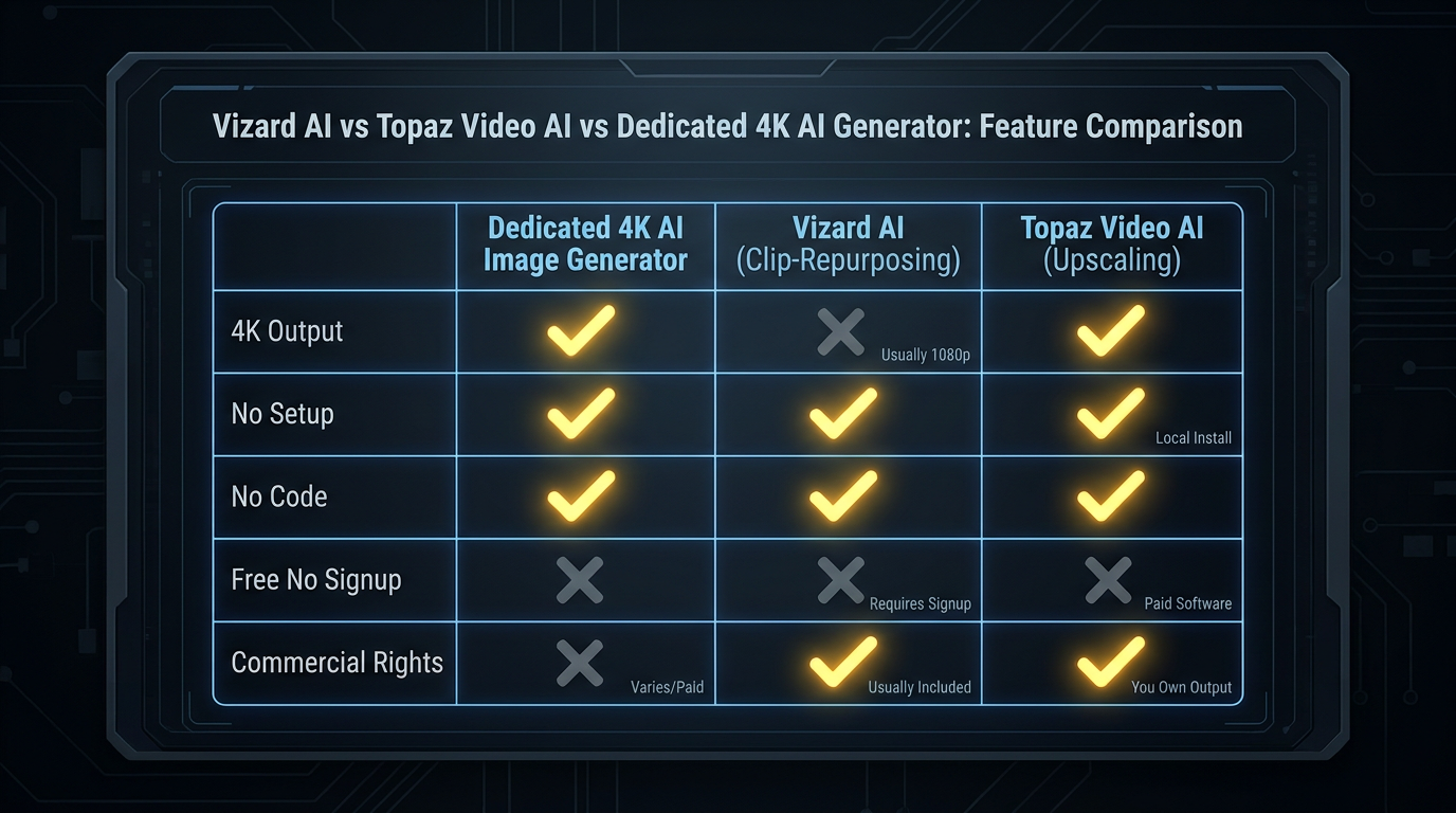 Vizard AI vs Topaz Video AI feature comparison infographic — a dark UI table comparing a dedicated 4K AI image generator, a Vizard AI clip-repurposing approach, and a Topaz Video AI upscaling approach across 4K output, no setup, no code, free no signup, and commercial rights with yellow checkmarks