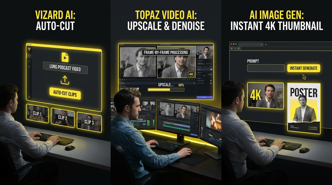 Vizard AI vs Topaz Video AI workflow contrast — left a creator uploading a long podcast into Vizard AI to auto-cut clips, center an editor running Topaz Video AI to upscale old footage, right a marketer typing one prompt into a browser AI image generator for an instant 4K thumbnail and poster