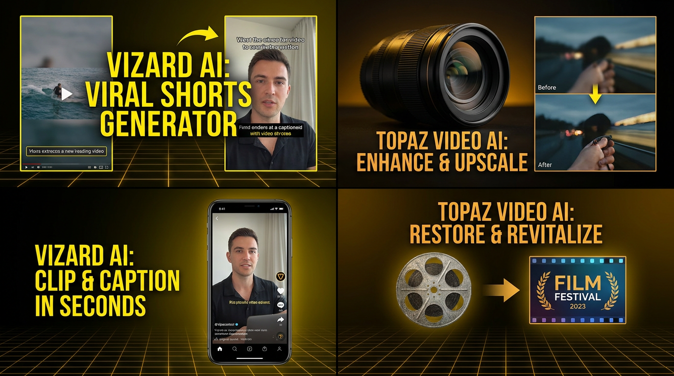Vizard AI vs Topaz Video AI use-case showcase — a grid of dedicated AI image generator output including a photoreal YouTube thumbnail with bold readable text, a cinematic product photo, a social ad banner, and an event poster, professional 4K quality dark theme