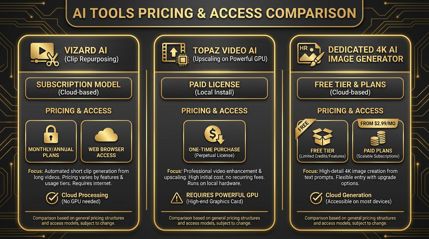 Vizard AI vs Topaz Video AI pricing and access comparison infographic — a Vizard AI subscription for clip repurposing, a Topaz Video AI paid license needing a powerful GPU, and a dedicated 4K AI image generator with a free tier and plans from 2.99 dollars per month, gold and dark theme