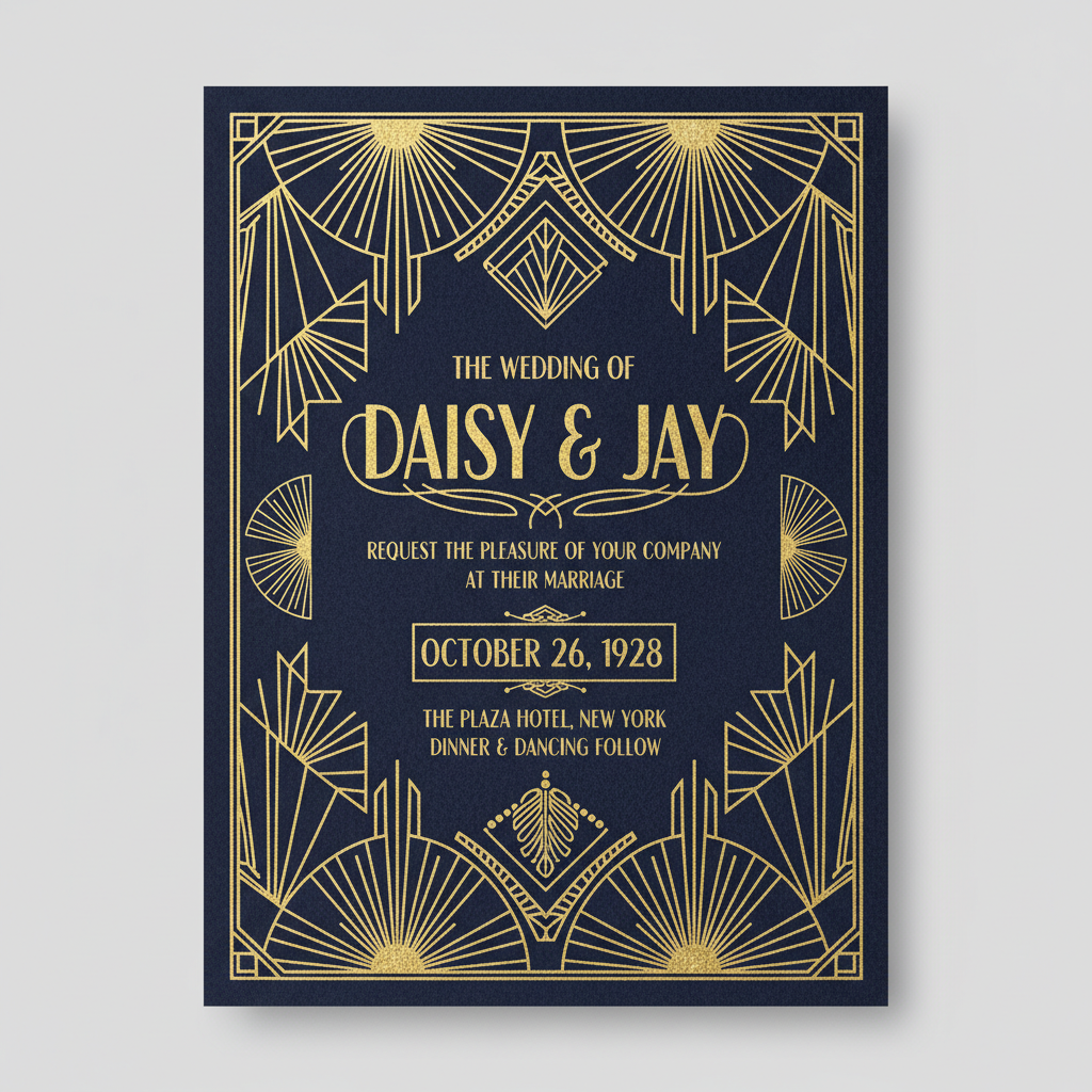 Art Deco navy and gold wedding invitation with geometric patterns created by AI