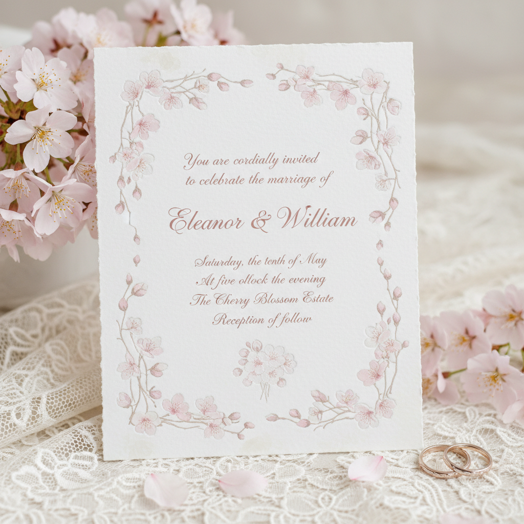 Cherry blossom wedding invitation card with soft pink design made by AI wedding card generator