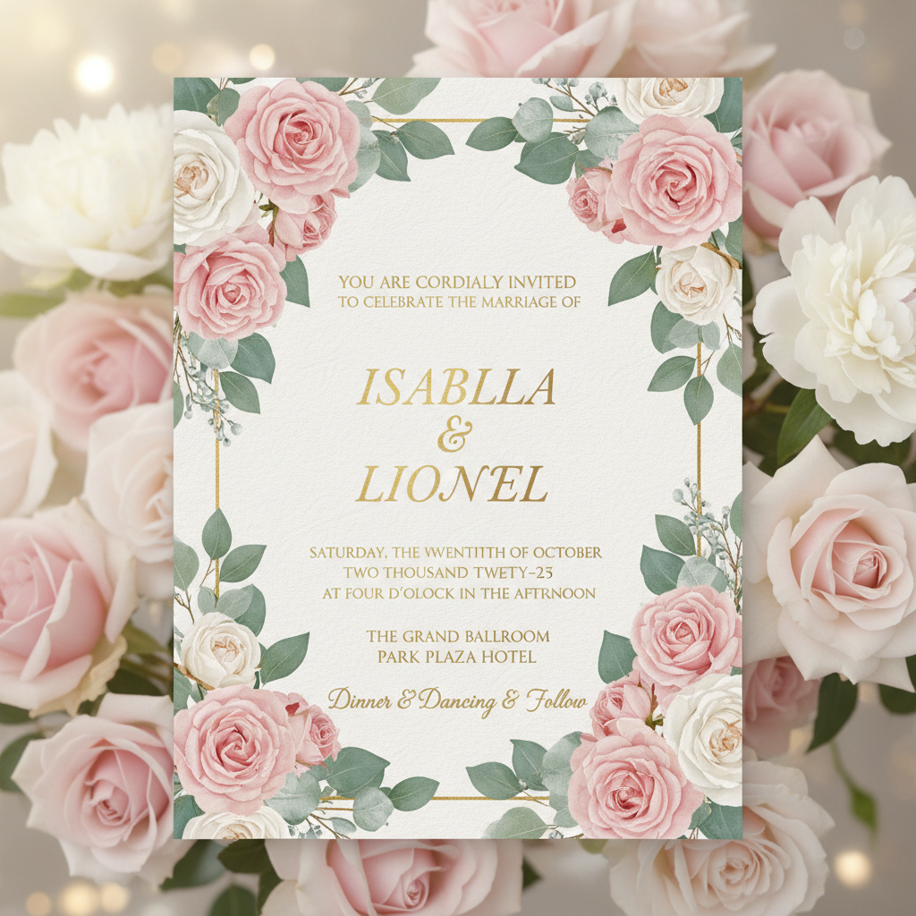 Elegant floral wedding invitation with gold calligraphy and blush pink roses created by AI