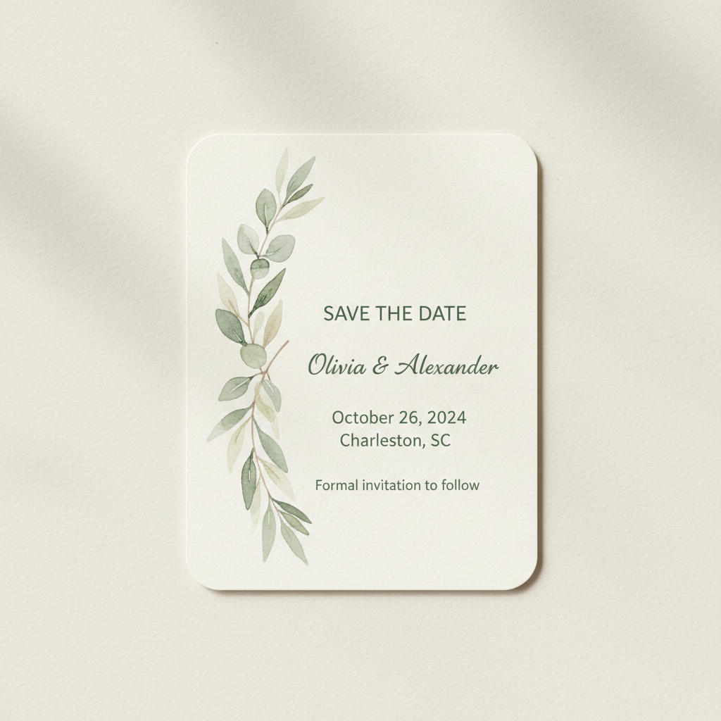 Modern minimalist save-the-date card with botanical watercolor design made by AI invitation maker