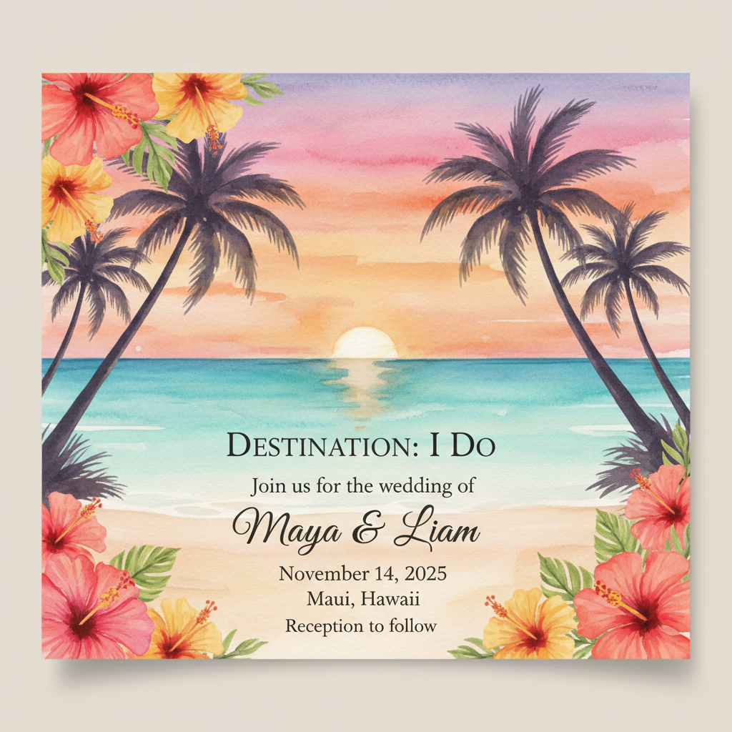 Tropical beach wedding invitation with palm leaves and hibiscus designed by AI invitation maker