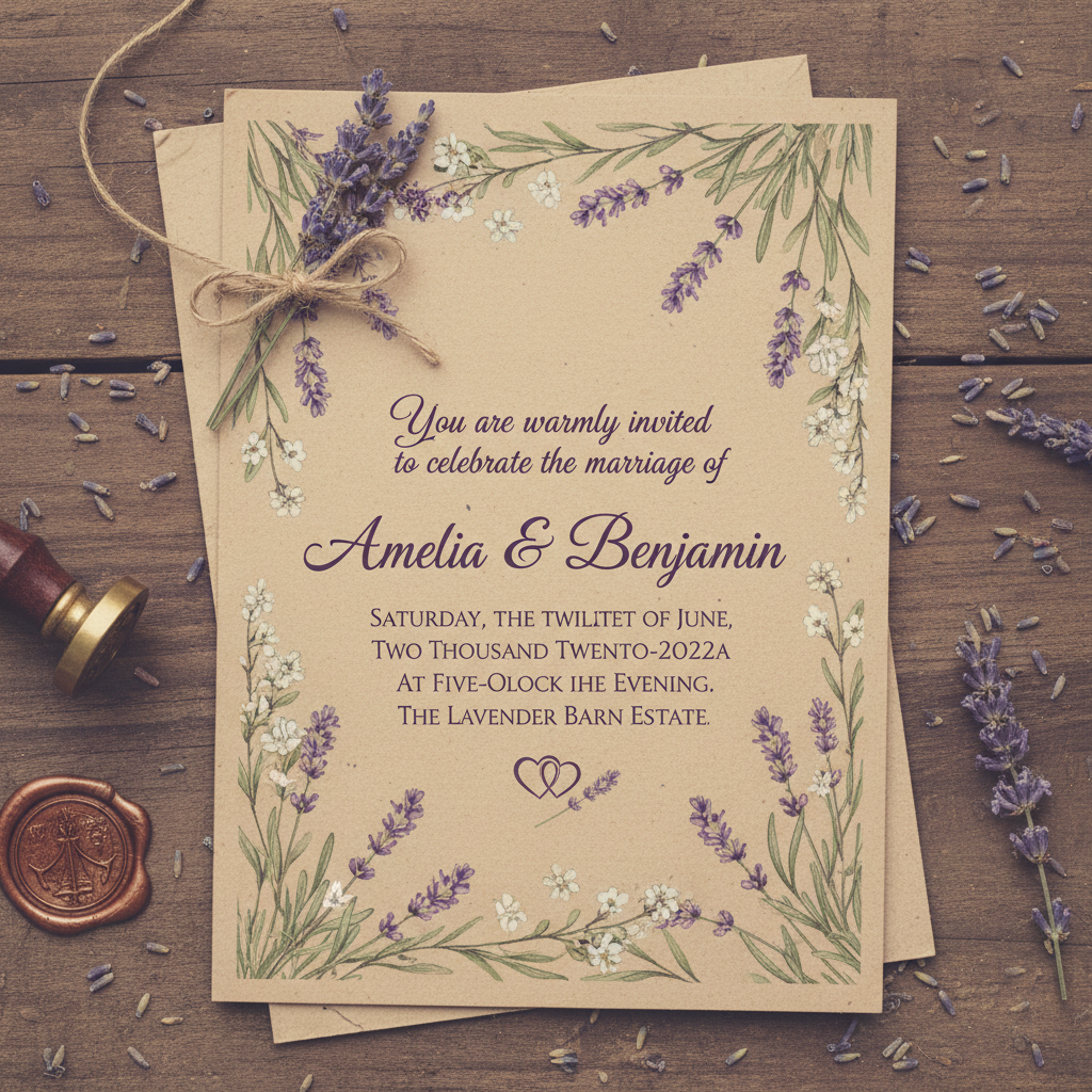 Vintage rustic wedding invitation with lavender flowers generated by AI wedding card maker