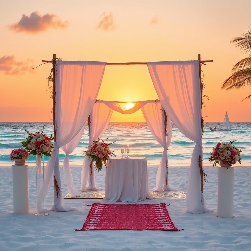 AI generated beach destination wedding setup with sunset and tropical decorations