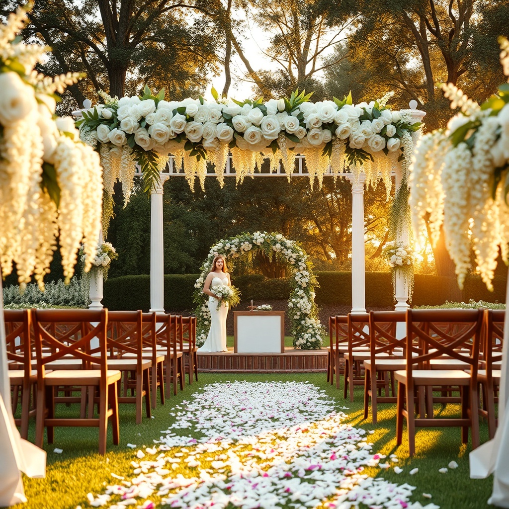 AI generated garden wedding ceremony with floral arch and golden sunset lighting