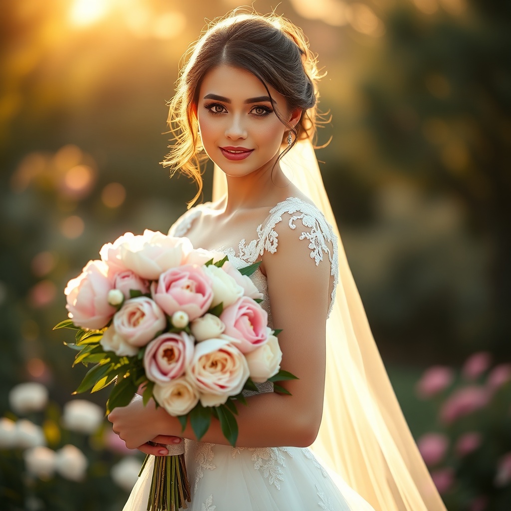 AI generated romantic bridal portrait with elegant lace wedding dress and peony bouquet